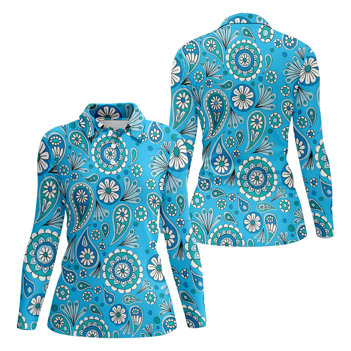 Blue Paisley Seamless Pattern Women Golf Top, Golf Shirt For Women, Ladies Golf Polos