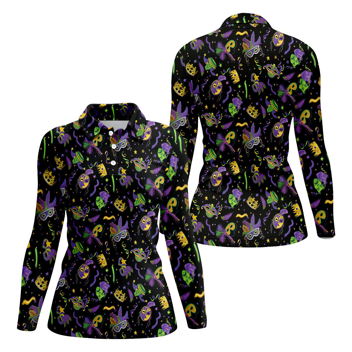 Mardi Gras Pattern Black Golf Polo ShirtLadies Sleeveless Tops, Ladies Golf Polos, Golfing Apparel
