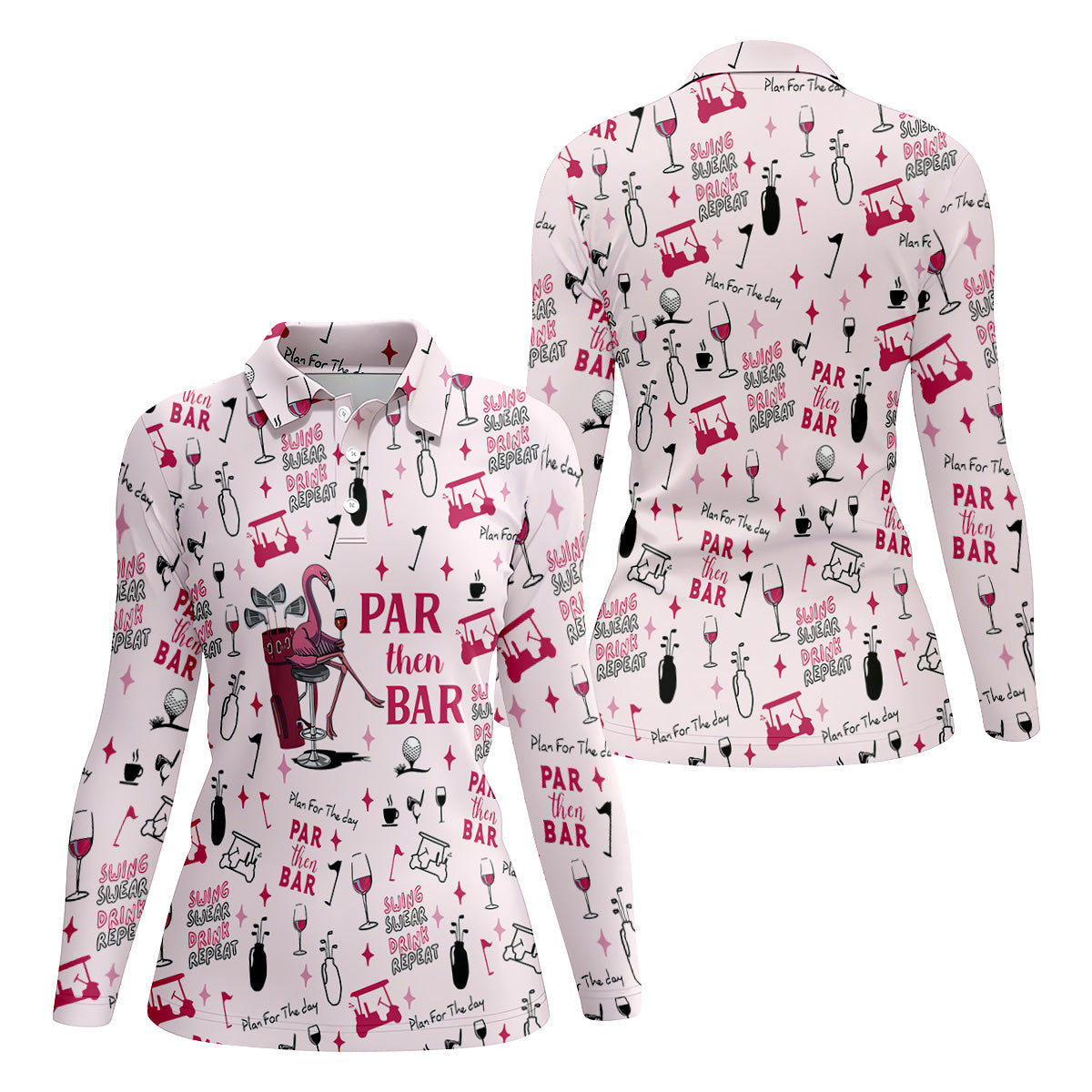 Pink Swing Swear Drink Repeat Par Then Bar Flamingo Golf Shirt, Fun Women's Golf Shirts, Ladies Golf Polos