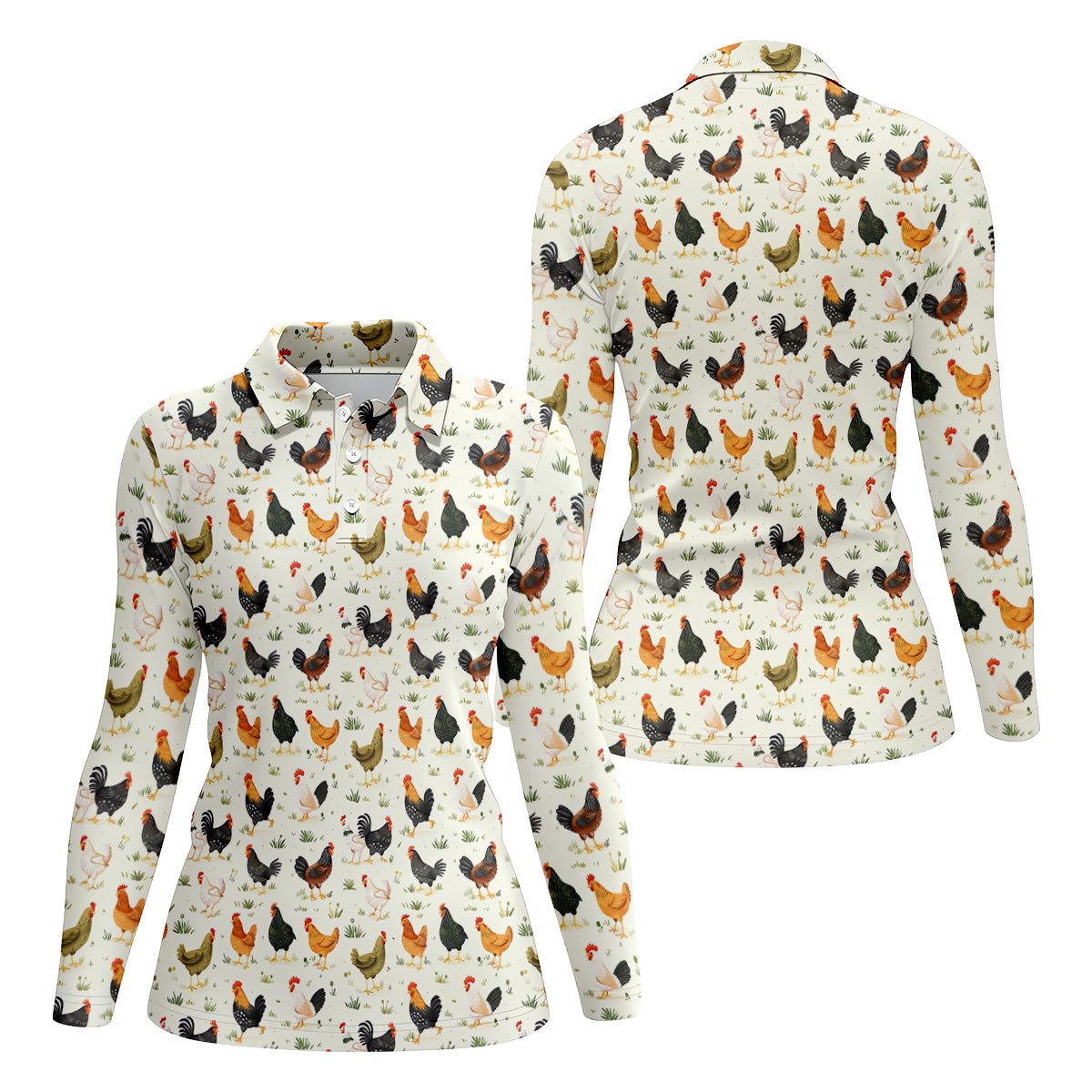 Chicken Rooster Beige Women Golf Top, Gift For Chicken Lover, Ladies Golf Shirts, Women's Polo Shirt