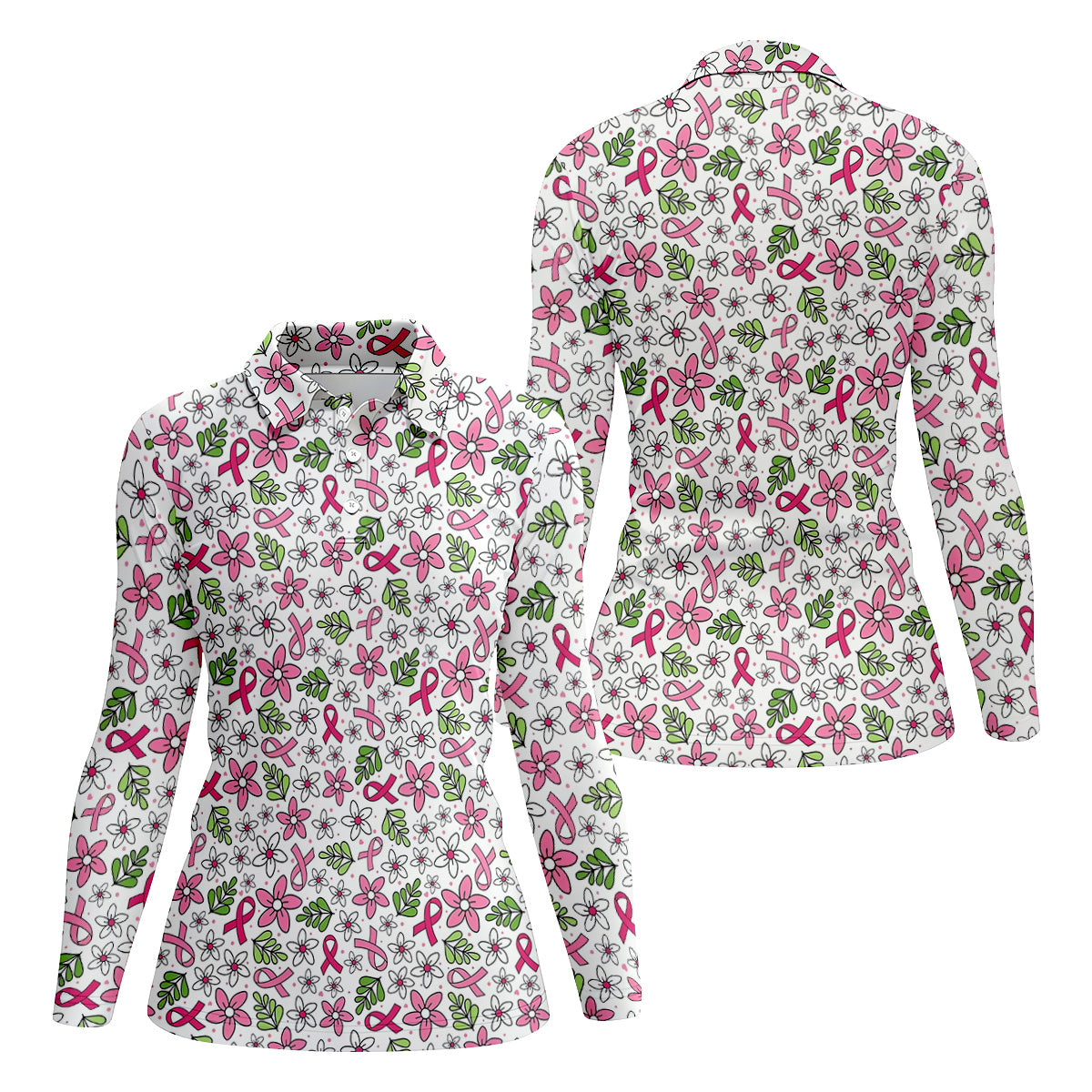 Breast Cancer Awareness Ribbon Floral Golf Shirt, Cancer Awareness Shirt, Ladies Golf Polos