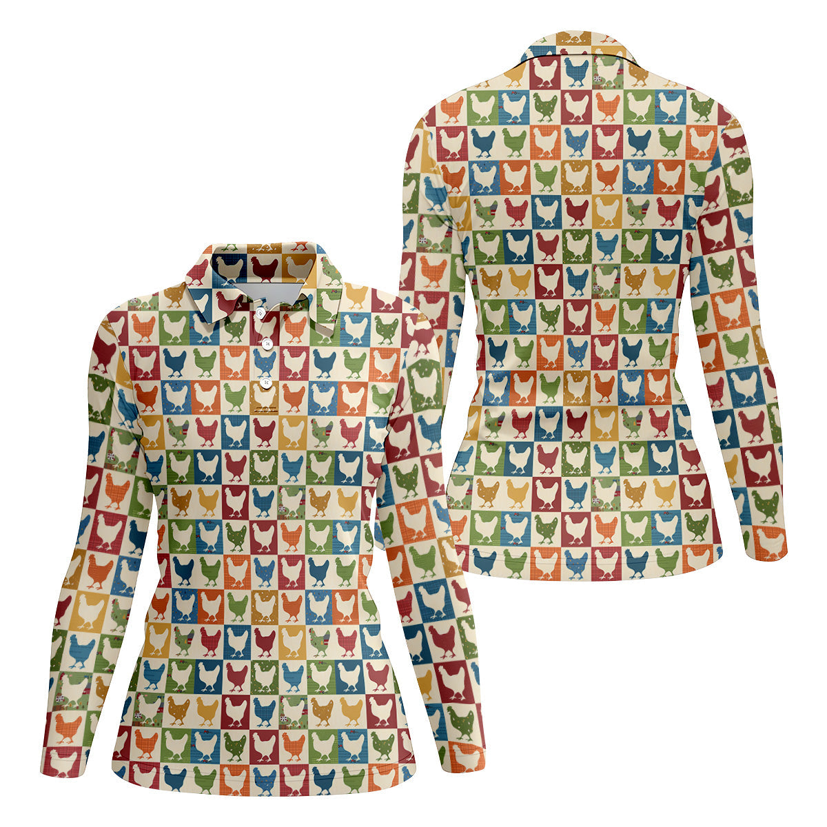 Chicken Rooster Colorful Checkered Women Golf Top, Gift For Chicken Lover, Ladies Golf Shirts