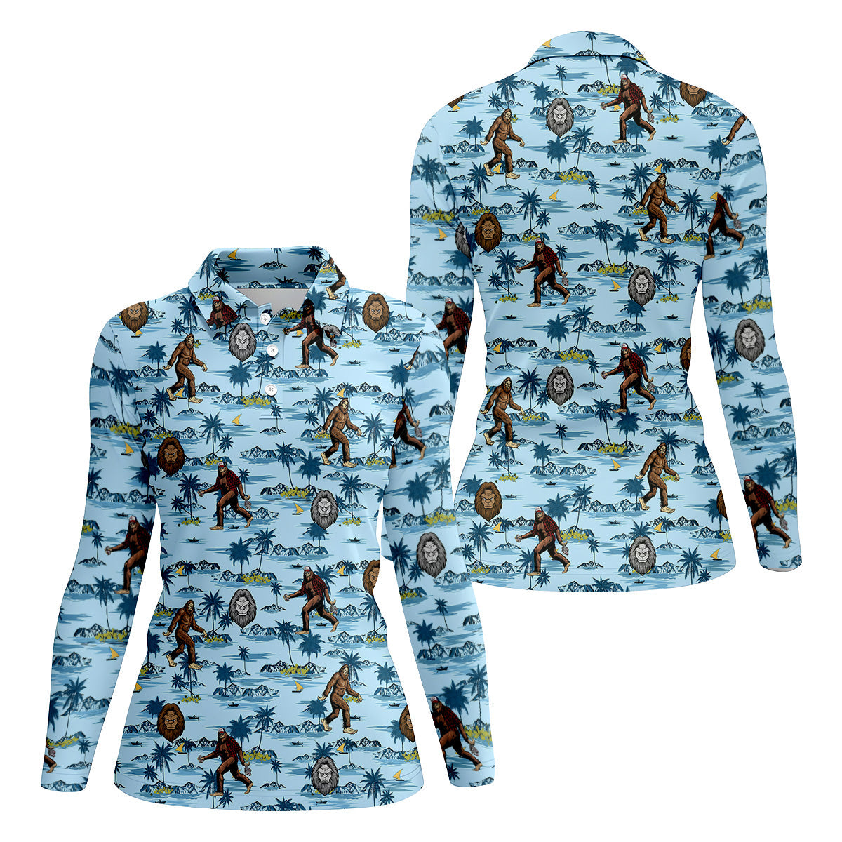 Blue Funny Sasquatch Tropical Golf Shirts, Ladies Golf Shirts, Golfing Apparel, Women's Polo Shirt