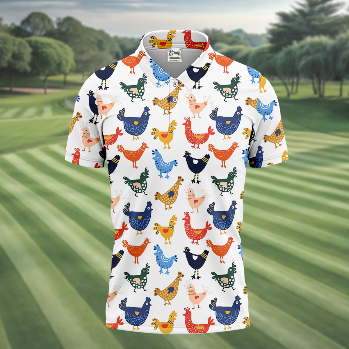 Colorful Animated Chickens White Polo Shirt, Fun Golf Shirts For Men, Gift For Chicken Lover