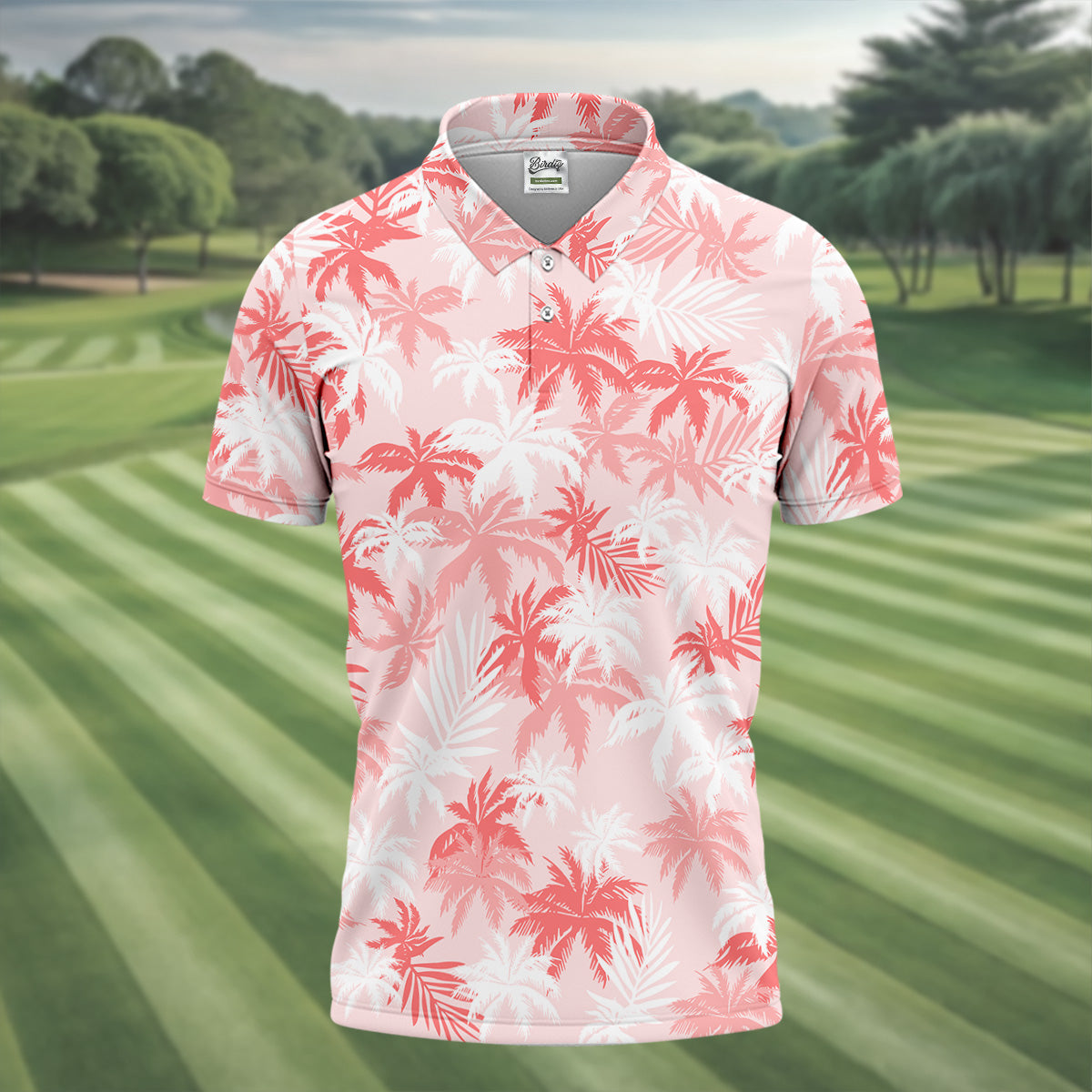 Palm Leaves Print Tropical Pink Golf Tops For Men, Hawaiian Golf Shirts, Polo ShirtFor Men