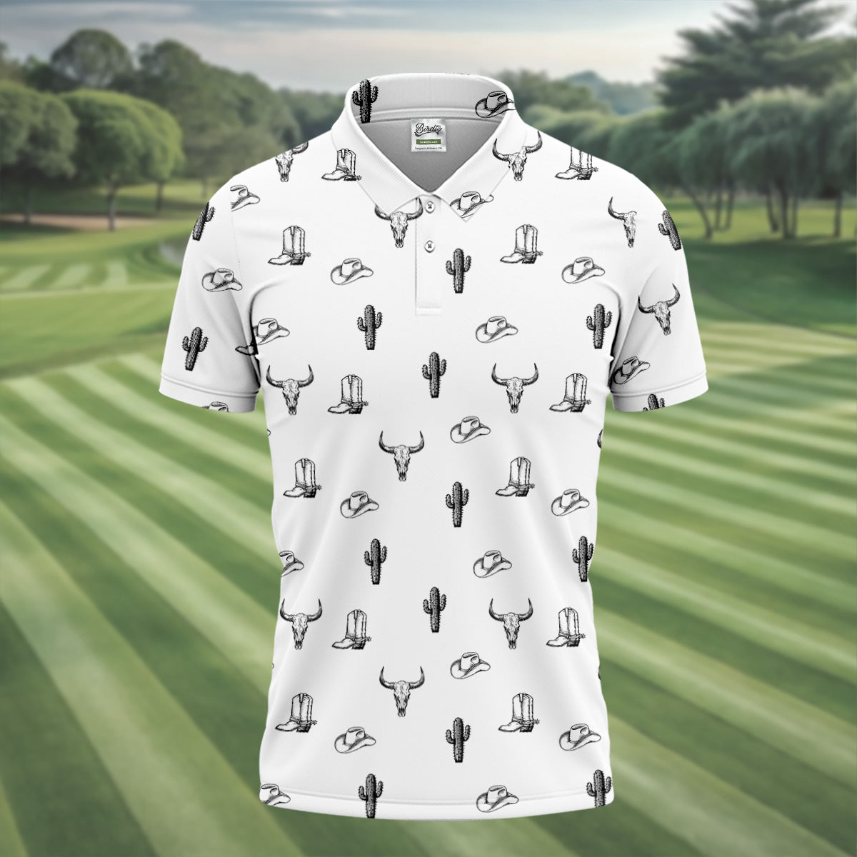 Wild West Cactus White Western Golf Shirt, Golf Tops For Men, Polo Shirtor Men, Golfing Apparel