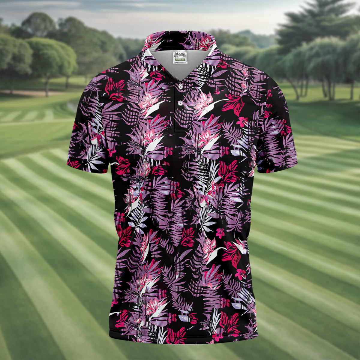 Purple And Black Tropical Golf Shirts, Golf Tops For Men, Polo ShirtFor Men, Golfing Apparel