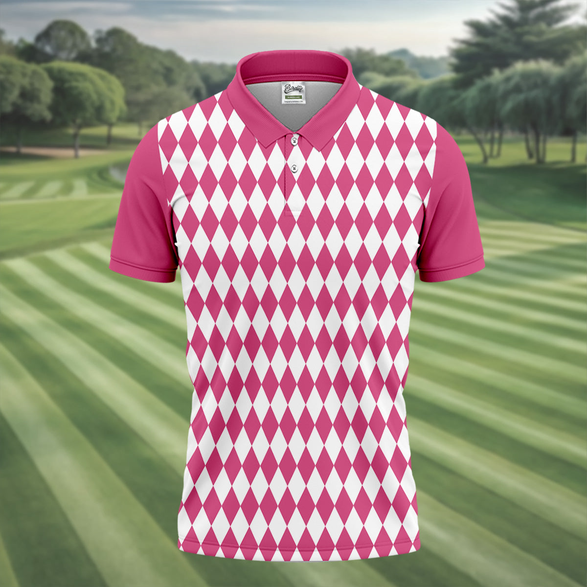White And Pink Argyle Pattern Men Polo, Polo ShirtFor Men, Golf Gift For Men, Golfing Apparel