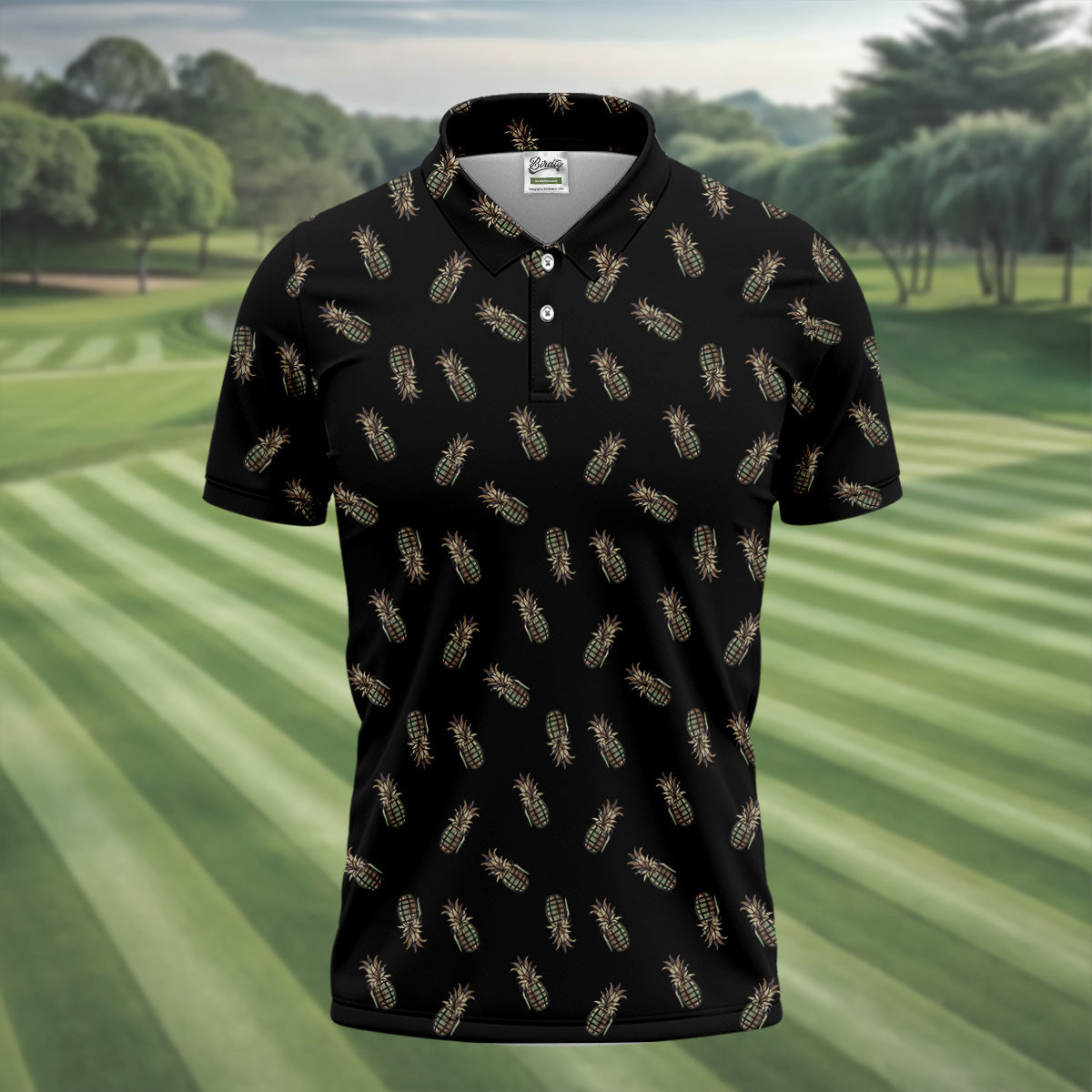 Pineapple Grenade Black Grey Golf Tops For Men, Men Polo, Golf Gift For Men, Golfing Apparel