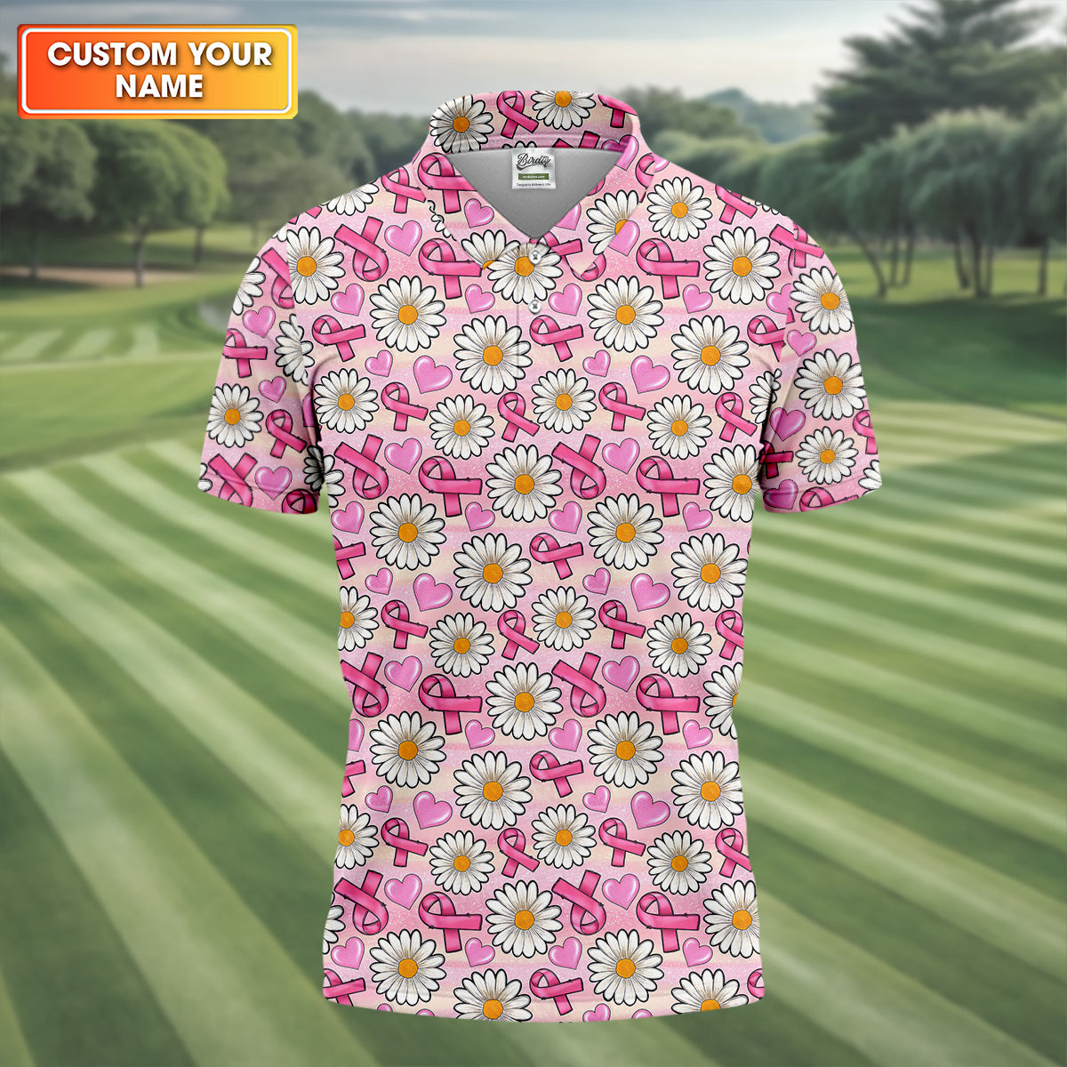 Daisy Pink Breast Cancer Golf Shirt, Mens Golf Polo Shirt White Polo Shirt, Golfing Apparel