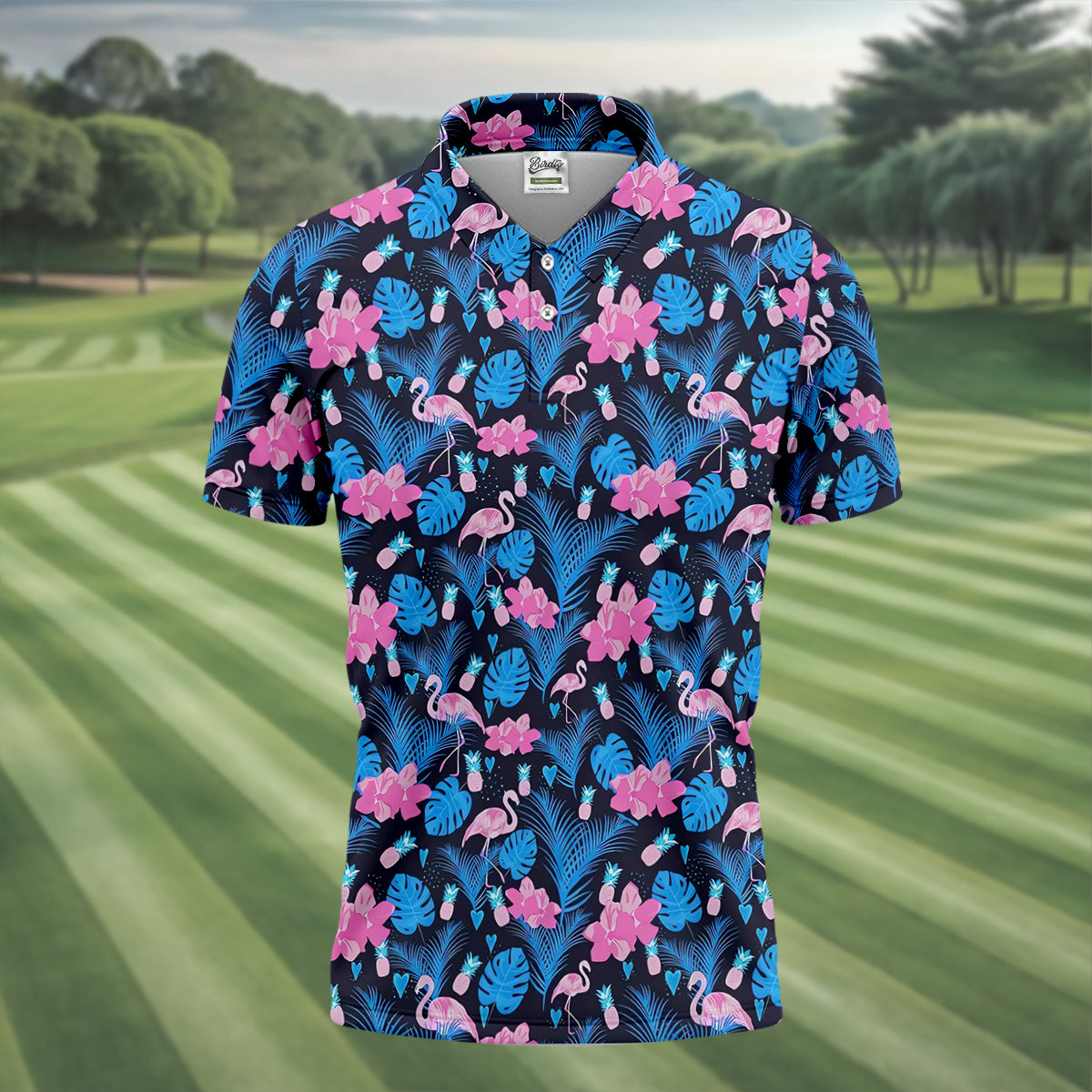 Flamingo Pink Pink And Blue Tropical Golf Shirts, Polo ShirtFor Men, Golf Gift For Men, Golfing Apparel
