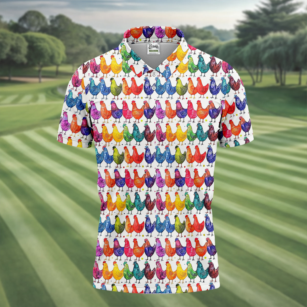 Whimsical Chicken Colorful Golf Shirt, Cute Golf Outfit, Polo ShirtFor Men, Golfing Apparel