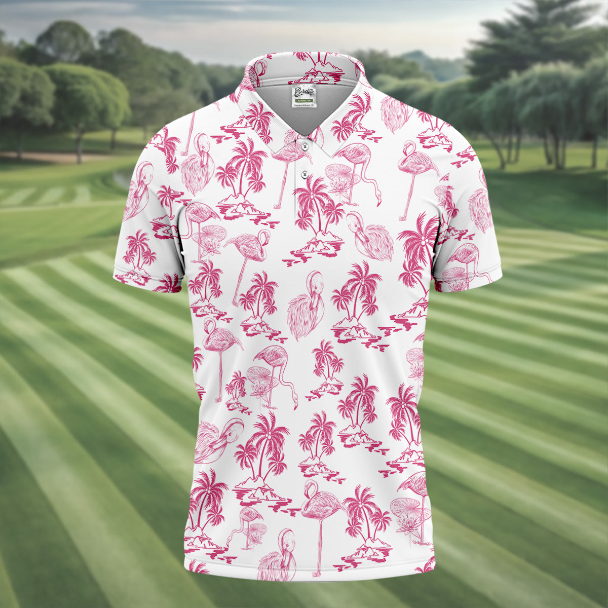 White And Pink Flamingo Tropical Men Polo, Polo ShirtFor Men, Golf Gift For Men, Golfing Apparel