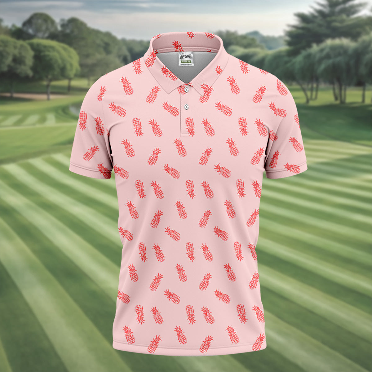 Pineapple Grenade Pink Golf Tops For Men, Men Polo, Golf Gift For Men, Golfing Apparel