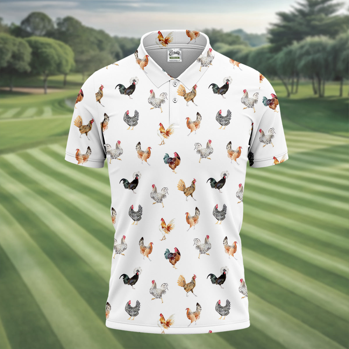 Prancing Chickens Men's White Golf Polo, Gift For Chicken Lover, Polo Shirtor Men, Golfing Apparel
