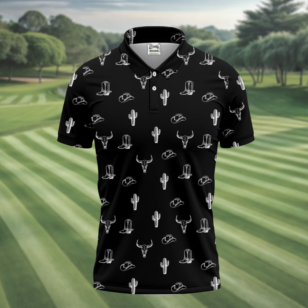 Wild West Cactus Black Western Golf Shirt, Golf Tops For Men, Polo Shirtor Men, Golfing Apparel