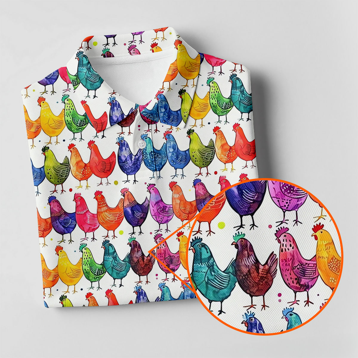 Whimsical Chicken Colorful Golf Shirt, Cute Golf Outfit, White Polo Women, Ladies Golf Shirts