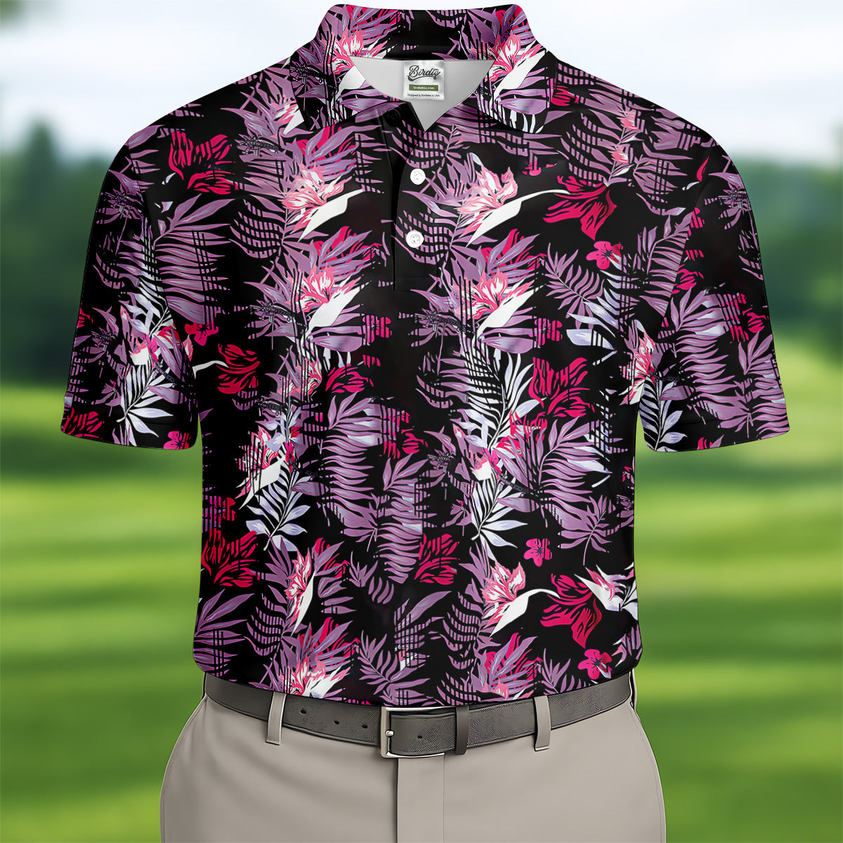Purple And Black Tropical Golf Shirts, Golf Tops For Men, Polo ShirtFor Men, Golfing Apparel