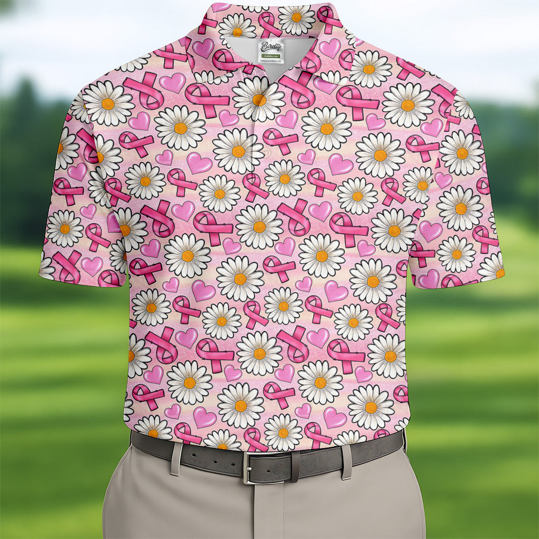Daisy Pink Breast Cancer Golf Shirt, Mens Golf Polo Shirt White Polo Shirt, Golfing Apparel