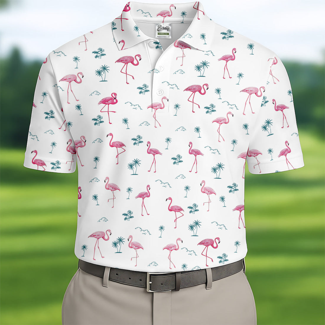 Flamingo Tropical White Polo Shirt, Summer Polo Shirt Unique Gift For Golfer