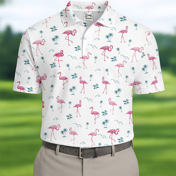 Flamingo Tropical White Polo Shirt, Summer Polo Shirt Unique Gift For Golfer
