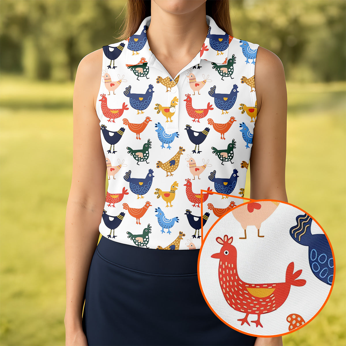 Colorful Animated Chickens White Polo Women, Gift For Chicken Lover, Ladies Golf Shirts, Golfing Apparel