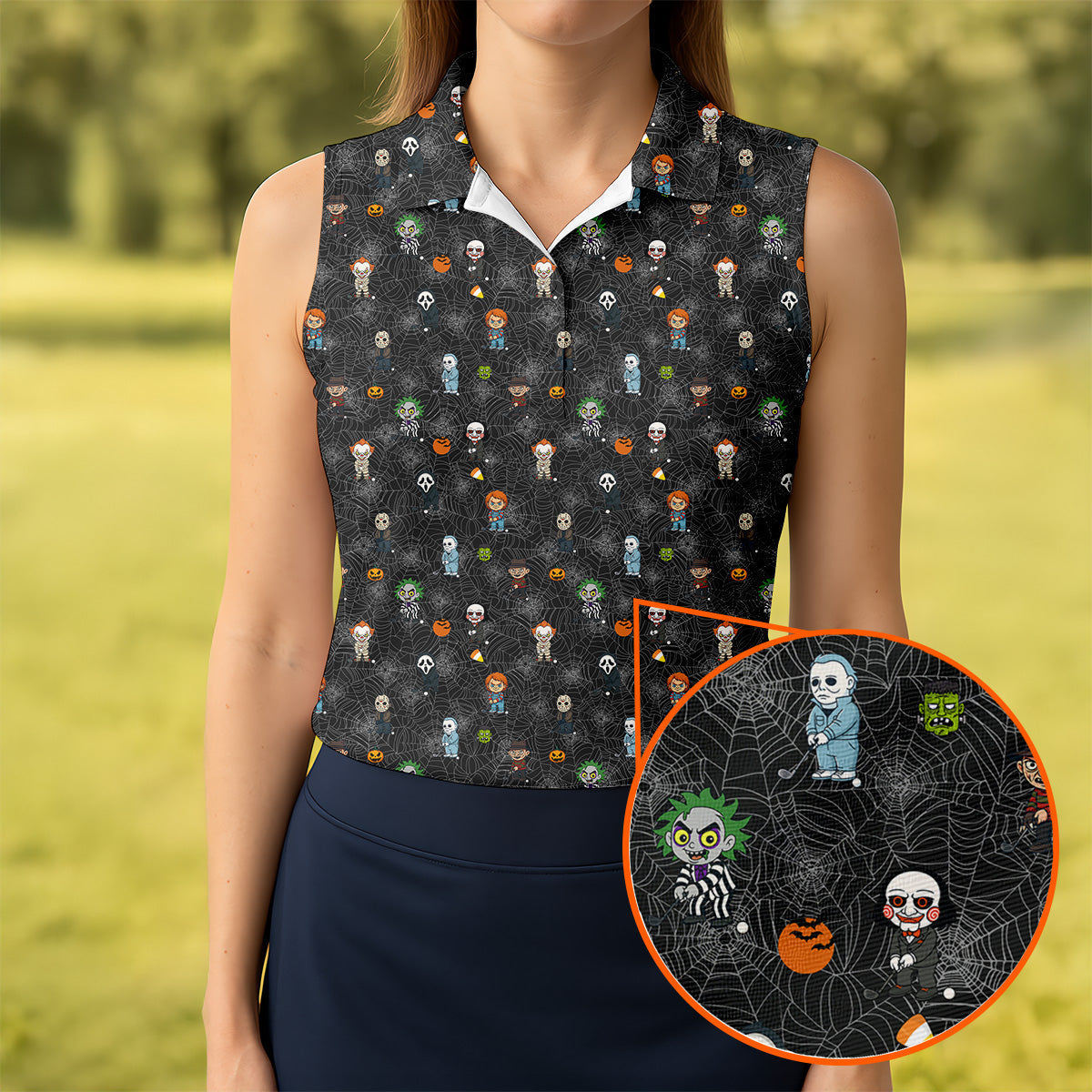 Funny Horror Character Black Golf Polo ShirtHorror Movie Shirt, Halloween Golf Shirt, Womens Golf Polo