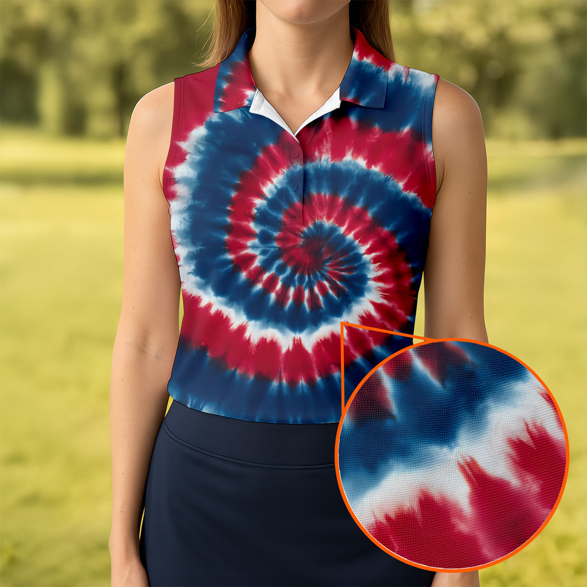 Red White Blue Tie Die Print Ladies Patriotic Golf Shirts, Ladies Sleeveless Polo, Women's Polo Shirt