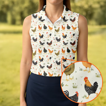 Chicken Rooster Beige Women Golf Top, Gift For Chicken Lover, Ladies Golf Shirts, Women's Polo Shirt