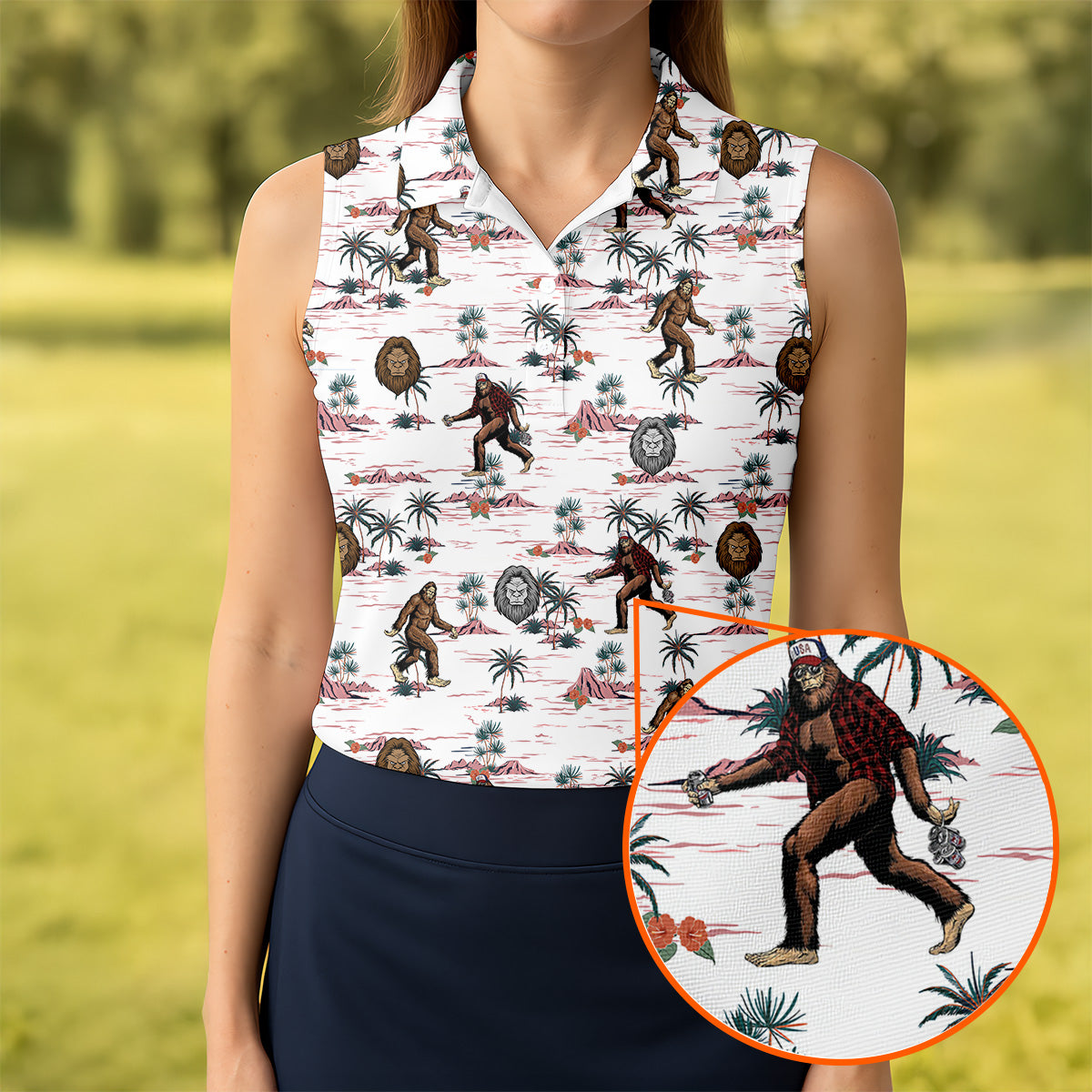 White Funny Sasquatch Tropical Golf Shirts, Funny Golf Shirts Women, Ladies Golf Shirts, Golfing Apparel