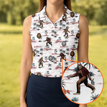 White Funny Sasquatch Tropical Golf Shirts, Funny Golf Shirts Women, Ladies Golf Shirts, Golfing Apparel