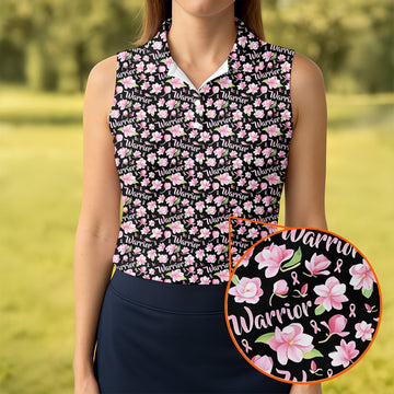 Warrior Pink Ribbons Floral Breast Cancer Golf Shirt, Ladies Golf Shirts, Women's Polo Shirt