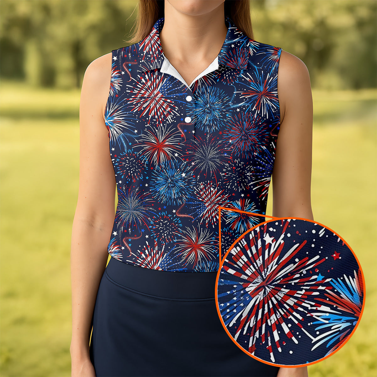 American Flag Ladies Patriotic Golf Shirts, Sleeveless Women's Golf Shirts, Ladies Golf Shirts