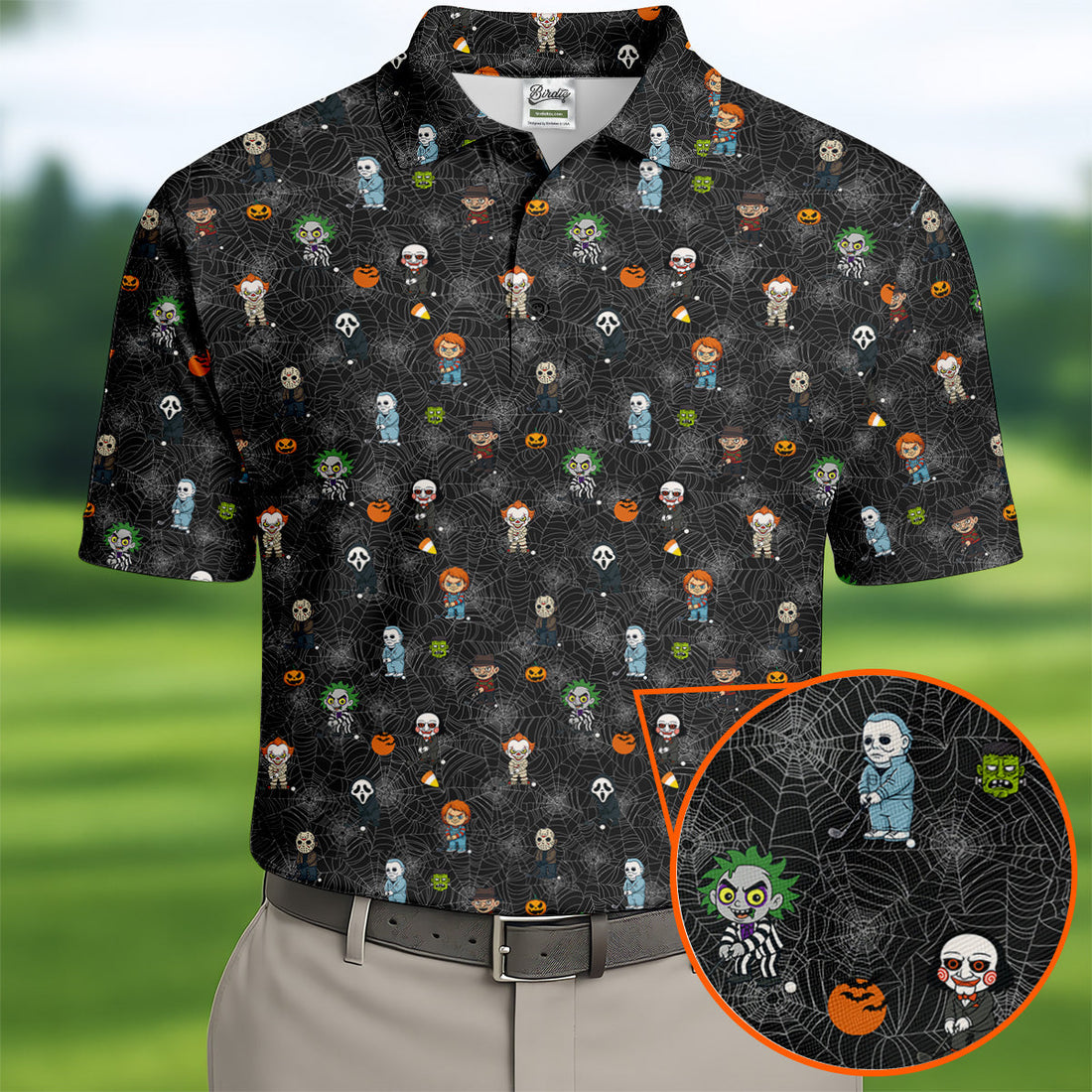 Funny Horror Character Black Golf Polo ShirtHorror Movie Shirt, Halloween Golf Shirt, Fun Golf Polos For Men