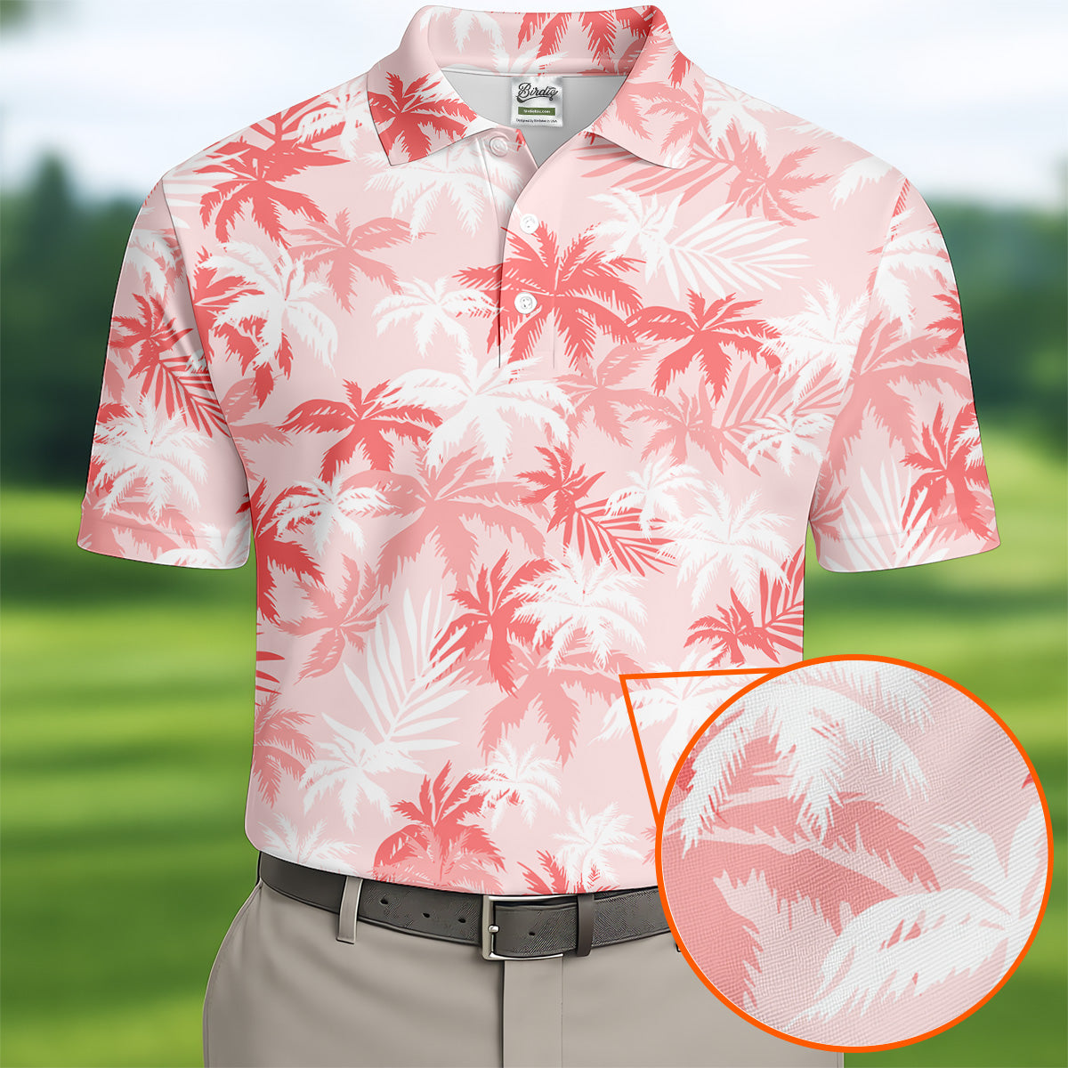 Palm Leaves Print Tropical Pink Golf Tops For Men, Hawaiian Golf Shirts, Polo ShirtFor Men