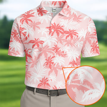 Palm Leaves Print Tropical Pink Golf Tops For Men, Hawaiian Golf Shirts, Polo ShirtFor Men