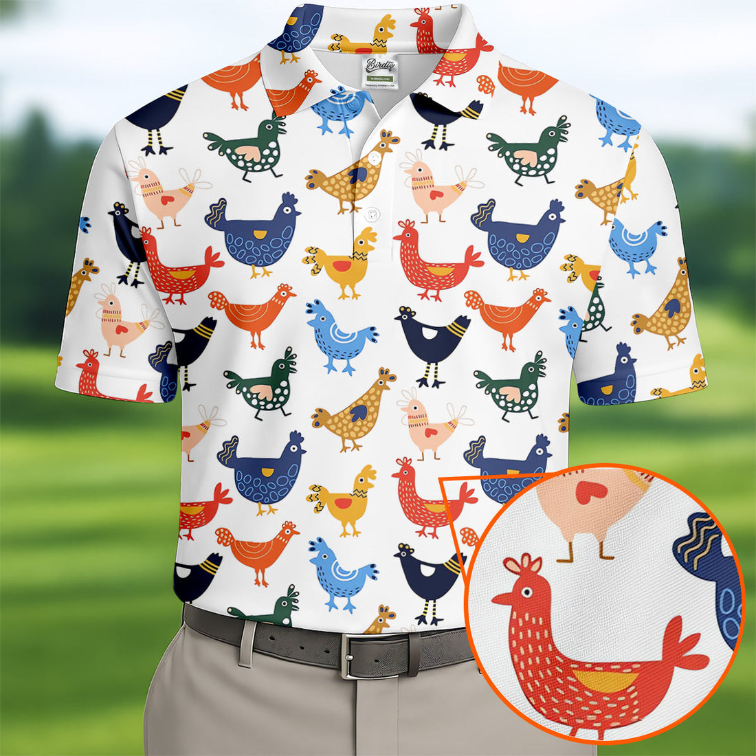 Colorful Animated Chickens White Polo Shirt, Fun Golf Shirts For Men, Gift For Chicken Lover