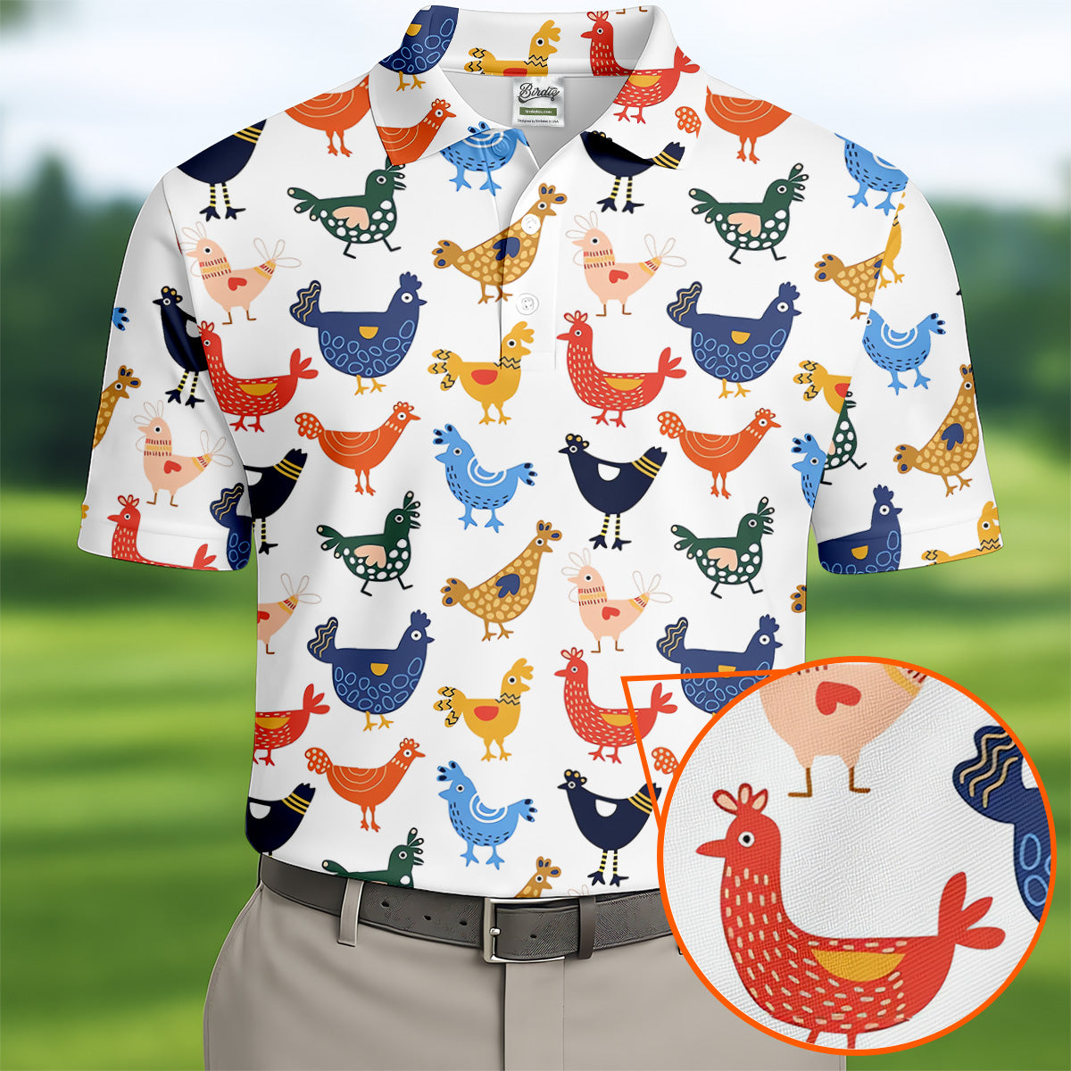 Colorful Animated Chickens White Polo Shirt, Fun Golf Shirts For Men, Gift For Chicken Lover