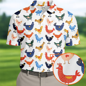 Colorful Animated Chickens White Polo Shirt, Fun Golf Shirts For Men, Gift For Chicken Lover