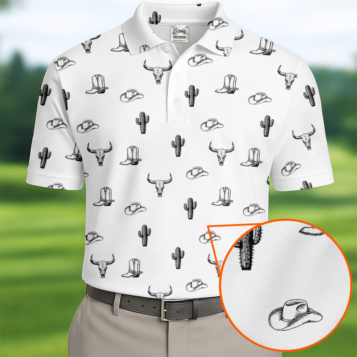 Wild West Cactus White Western Golf Shirt, Golf Tops For Men, Polo Shirtor Men, Golfing Apparel