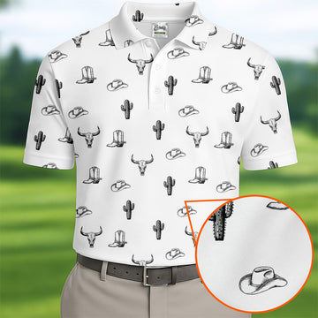 Wild West Cactus White Western Golf Shirt, Golf Tops For Men, Polo Shirtor Men, Golfing Apparel
