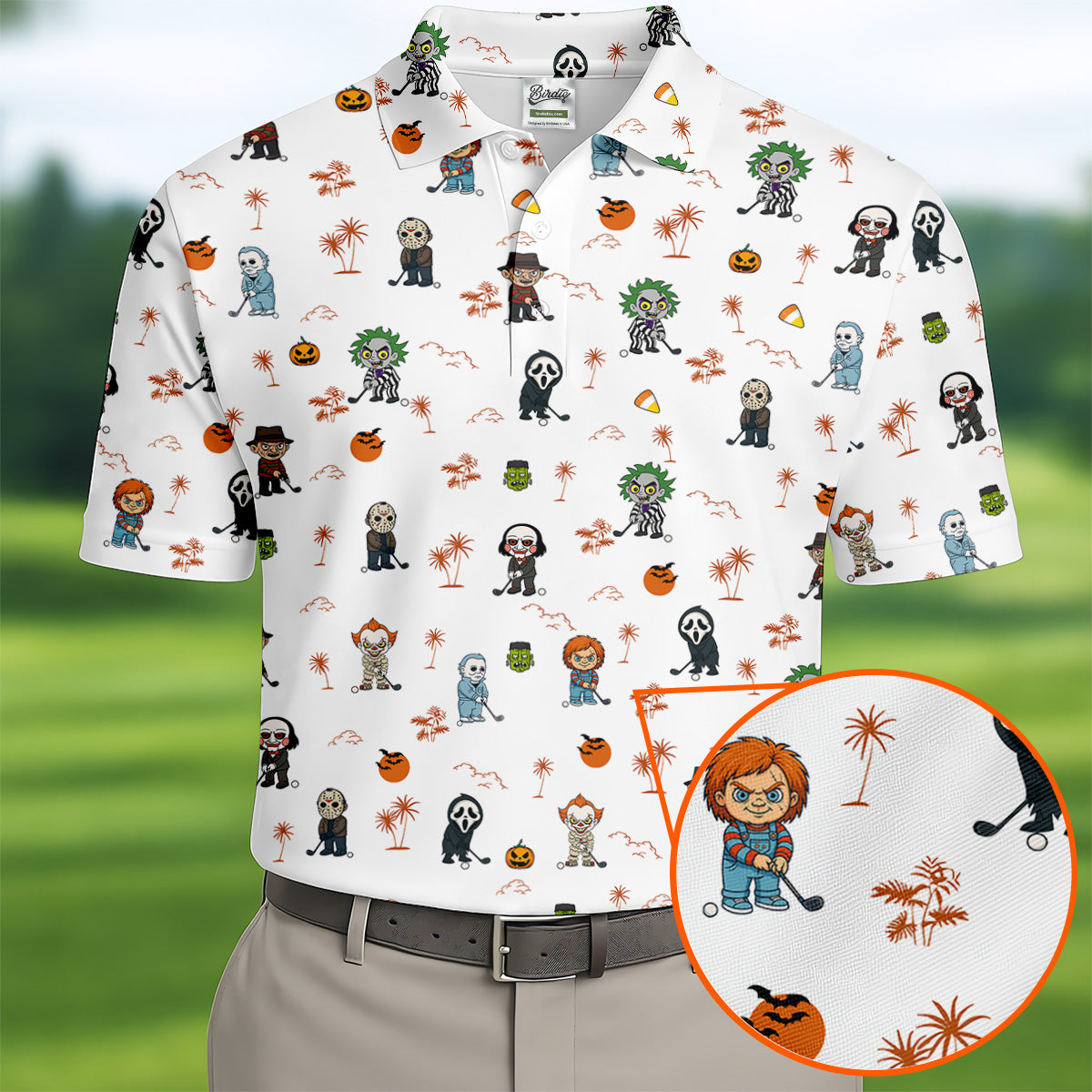 Horror Halloween Character Tropical Golf Shirt, Halloween Polo Shirt Mens White Polo, Golfing Apparel