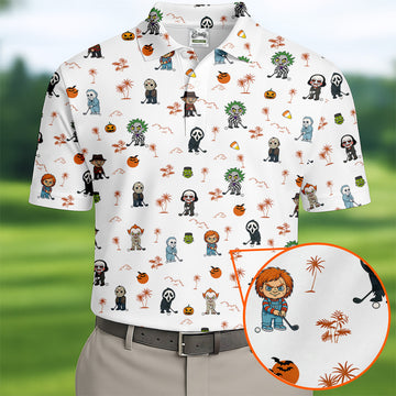 Horror Halloween Character Tropical Golf Shirt, Halloween Polo Shirt Mens White Polo, Golfing Apparel
