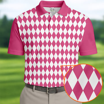 White And Pink Argyle Pattern Men Polo, Polo ShirtFor Men, Golf Gift For Men, Golfing Apparel