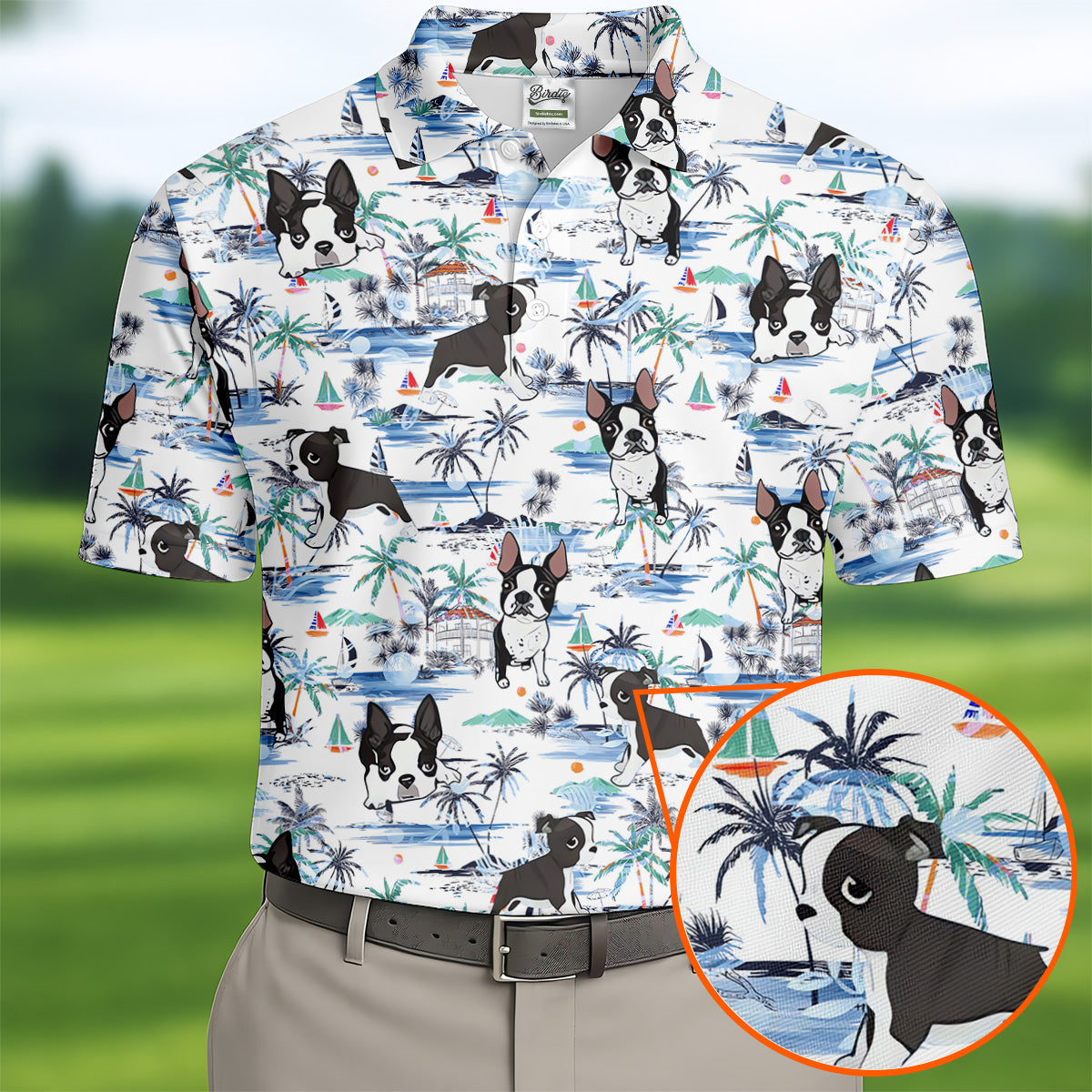 Boston Terrier Ocean Vibe White Tropical Golf Shirts, Men's Funny Golf Shirts, Gifts For Dog Lovers