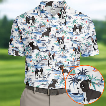 Boston Terrier Ocean Vibe White Tropical Golf Shirts, Men's Funny Golf Shirts, Gifts For Dog Lovers