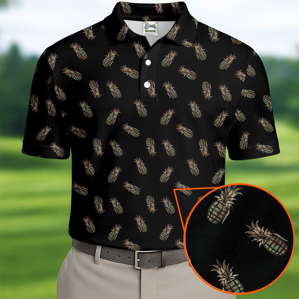 Pineapple Grenade Black Grey Golf Tops For Men, Men Polo, Golf Gift For Men, Golfing Apparel
