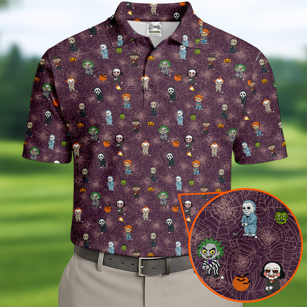 Funny Horror Character Purple Golf Polo ShirtHorror Movie Shirt, Halloween Golf Shirt, Fun Golf Polos For Men