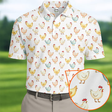 Chicken Rooster White Golf Tops For Men, Gift For Chicken Lover, Fun Golf Shirts For Men, Golfing Apparel