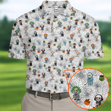 Funny Horror Character White Golf Polo ShirtHorror Movie Shirt, Halloween Golf Shirt, Fun Golf Polos For Men